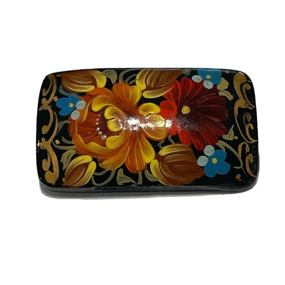 Vintage Russian Hand Painted Signed Lacquer Brooch Pin Red Gold Floral Flowers